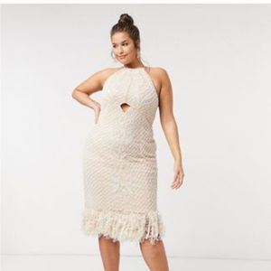 ASOS Design Curve luxe high neck pearl embellished midi dress with feather hem